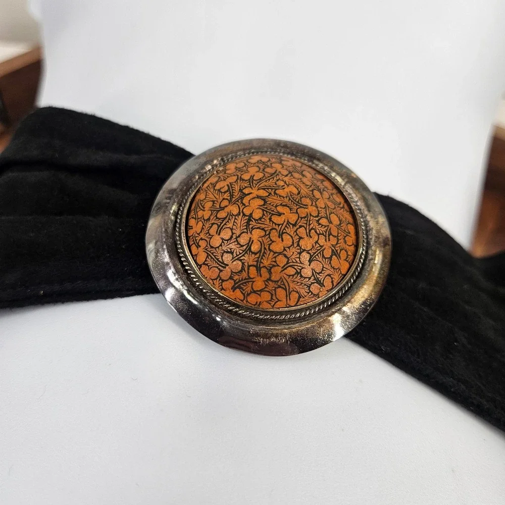 Vintage 80s Concho Suede Sterling Silver 925 Leather Medallion Belt Black Brown